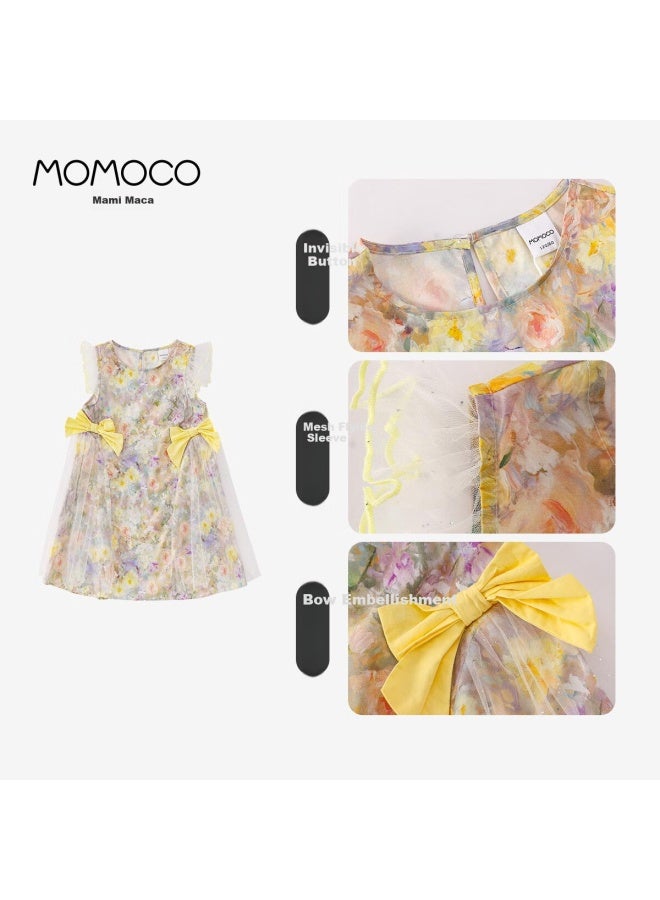 momoco Mamimaca Girls' Summer Sleeveless Dress New Sweet Flutter Sleeve Dress Green 110 - Image 2