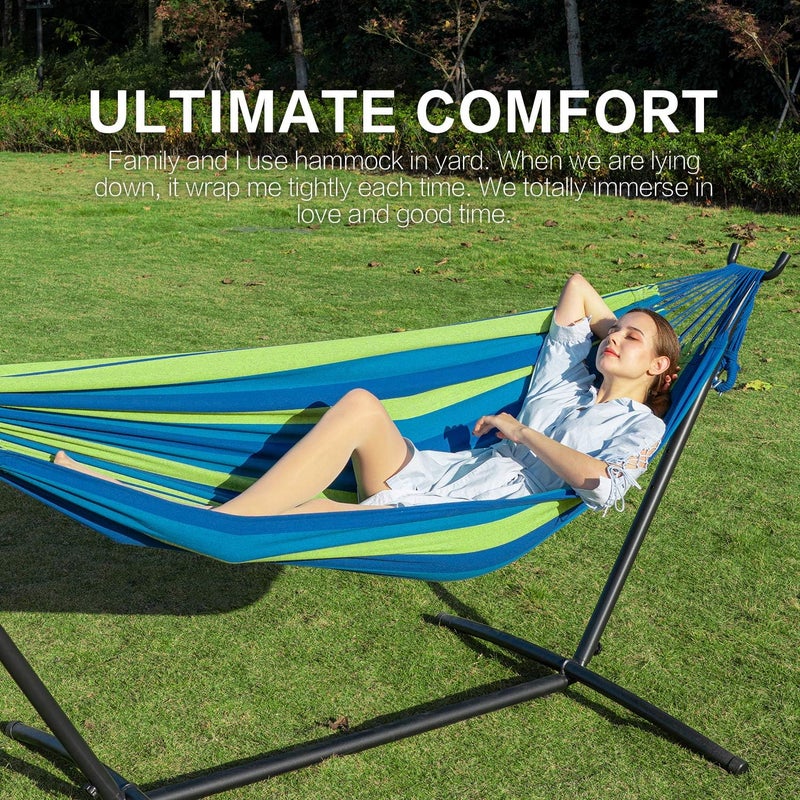 PNAEUT Double Hammocks with Stand for Outside, Portable Space Saving Heavy-Duty Steel Stand for Indoor Outdoor Patio with Carrying Bag, 450 lbs Capacity (Blue) - Image 2