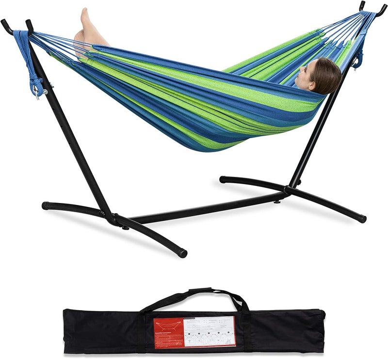 PNAEUT Double Hammocks with Stand for Outside, Portable Space Saving Heavy-Duty Steel Stand for Indoor Outdoor Patio with Carrying Bag, 450 lbs Capacity (Blue) - Image 1