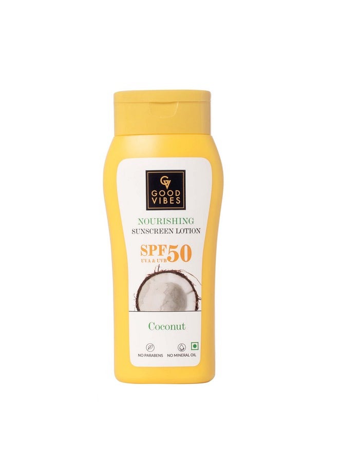 Good Vibes Good Vibes Coconut Nourishing Sunscreen Lotion SPF 50 (110 ml) | Sun Protection For All Skin Types | With Lime & Rosemary Leaf Oil | Soothing, De-Tanning | Vegan, No Parabens, Mineral Oil & Silicones  - Image 1