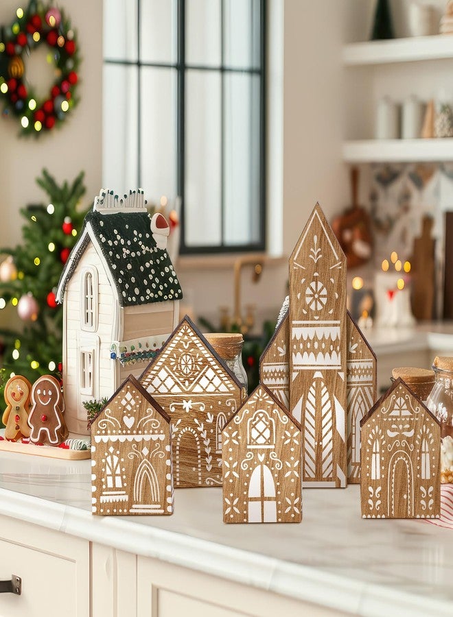 DoubleFill مجموعة دبل فيل المكونة من 5 قطع لتزيين طاولة عيد الميلاد، تتضمن لوحة خشبية على شكل منزل خبز الزنجبيل، قطعة مركزية لطاولة عيد الميلاد، ديكور طاولة ريفي لعيد الميلاد، صينية متعددة الطبقات، قطعة مركزية لحفلات عيد الميلاد - Image 4