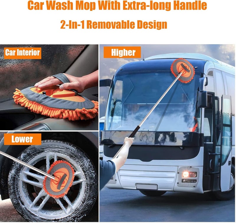 GreatCool 62" Car Wash Brush Kit With Long Handle, 2 in 1 Orange Chenille Microfiber Car Wash Mop Cleaning Mitt for Truck SUV Cars RV Caravans and Household Clean, Scratch Free(2 x Mop Head) - Image 3