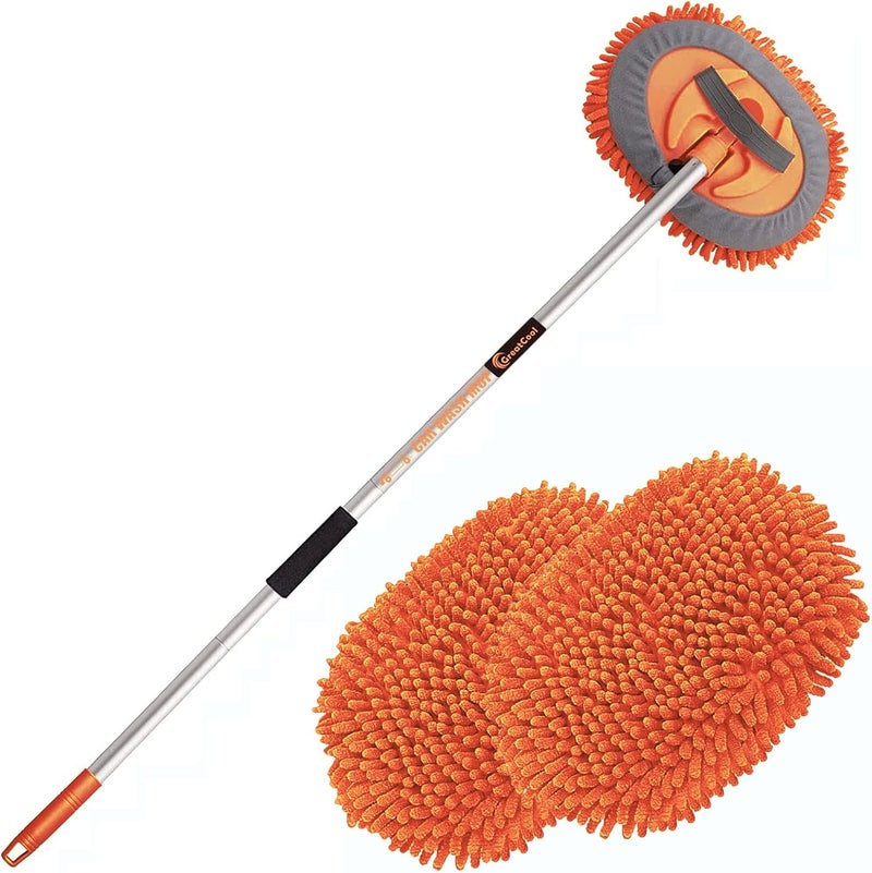 GreatCool 62" Car Wash Brush Kit With Long Handle, 2 in 1 Orange Chenille Microfiber Car Wash Mop Cleaning Mitt for Truck SUV Cars RV Caravans and Household Clean, Scratch Free(2 x Mop Head) - Image 1
