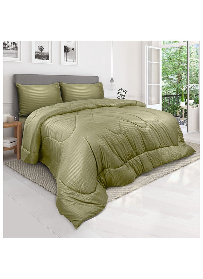 Hotel Linen Klub طقم لحاف بديل مريح - قماش ميكروفايبر مخطّط ناعم للغاية، حشوة ألياف ناعمة 200GSM، الحجم: فردي 160 x 200 سم، اللون: زيتوني  - Image 1