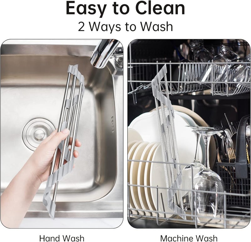 Tomorotec Triangle Roll-Up Dish Drying Rack for Sink Corner - Foldable Stainless Steel Kitchen Drainer Caddy Organizer (Gray) - Image 5