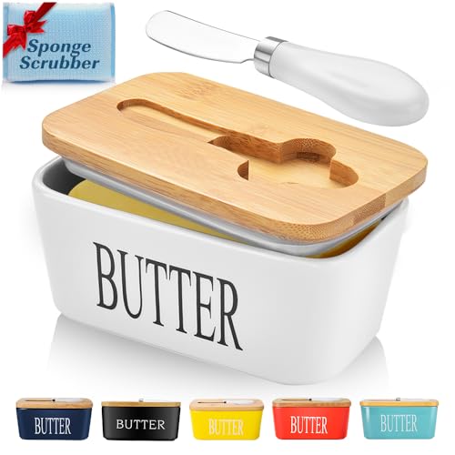 AISBUGUR Butter Dish with Lid, Large Butter Container for Countertop, Ceramic Butter Holder for Counter, Butter Tray Butter Keeper with Knife and Sponge Scrubber, Perfect for 2 Sticks of Butter, White - Image 1