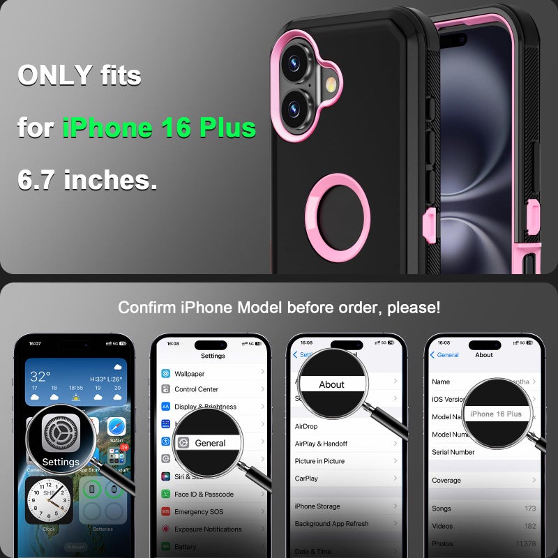 Jiunai for iPhone 16 Plus Case Heavy Duty Strong Shockproof Port Protection Dustproof Screenless Dual Layer Bumper Protective Cover Rugged Phone Case for iPhone 16 Plus 6.7'' Men Women Black-Pink - Image 2