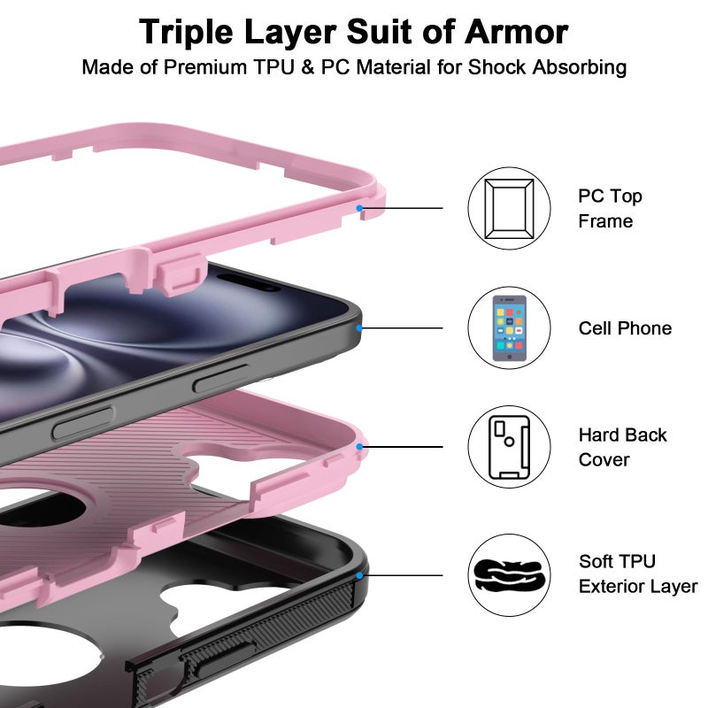 Jiunai for iPhone 16 Plus Case Heavy Duty Strong Shockproof Port Protection Dustproof Screenless Dual Layer Bumper Protective Cover Rugged Phone Case for iPhone 16 Plus 6.7'' Men Women Black-Pink - Image 4