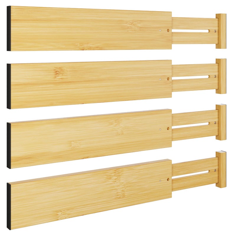 BAMEOS 4 pcs 3" High Bamboo Drawer Dividers Adjustable Drawer Organizer Expandable Drawer Organization Utensil Organizers for Kitchen Dresser Bathroom Bedroom and Office - Image 1