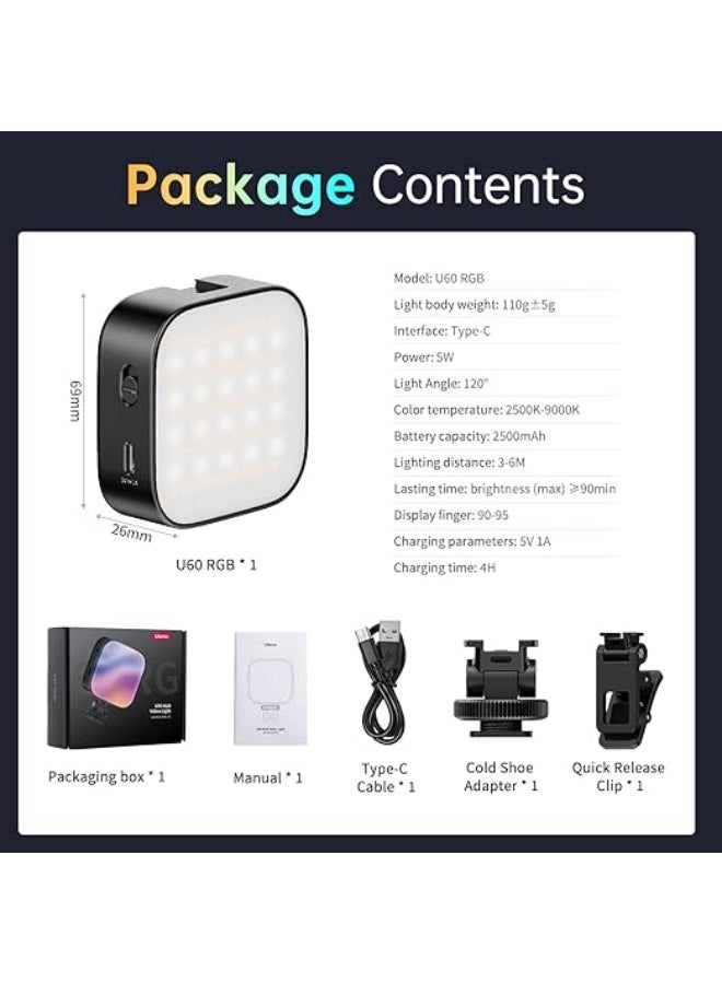 U60 RGB Selfie Light with Clip – Mini Videolight – 18 Bright Scenes – 3 Lighting Modes – Dimmable 2500K-9000K – Rechargeable 2500mAh – For Phone & Tablet - Image 2