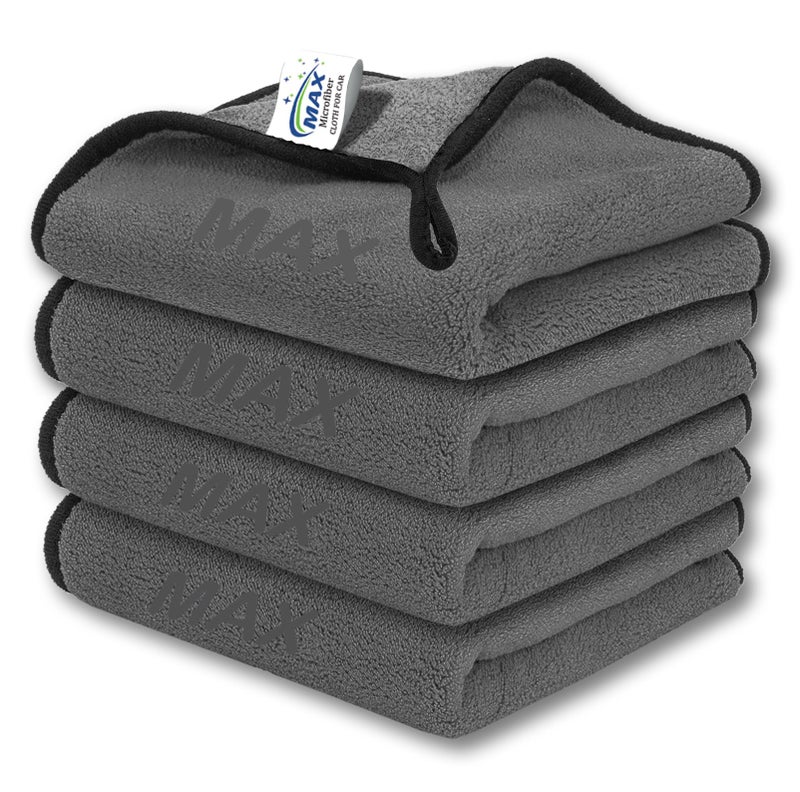 MAX Microfiber Cloth for Car Cleaning (600 GSM, Pack of 4, 40x40 cm, Grey) Double Sided, High Density, Extra Thick Plush Towel for Car Detailing, Cleaning, Washing and Polishing - Image 1