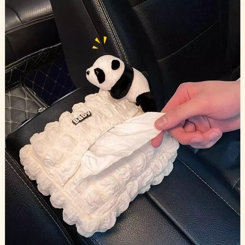 ALIBLE Panda Car Tissue Box Shape Soft Plush Car Tissue Box Trash Can Interior Creative Tissue Case Hanging use for car Multi-Function Tissue Hanging Bag Soft Plush Paper Napkin Dispenser - Image 1