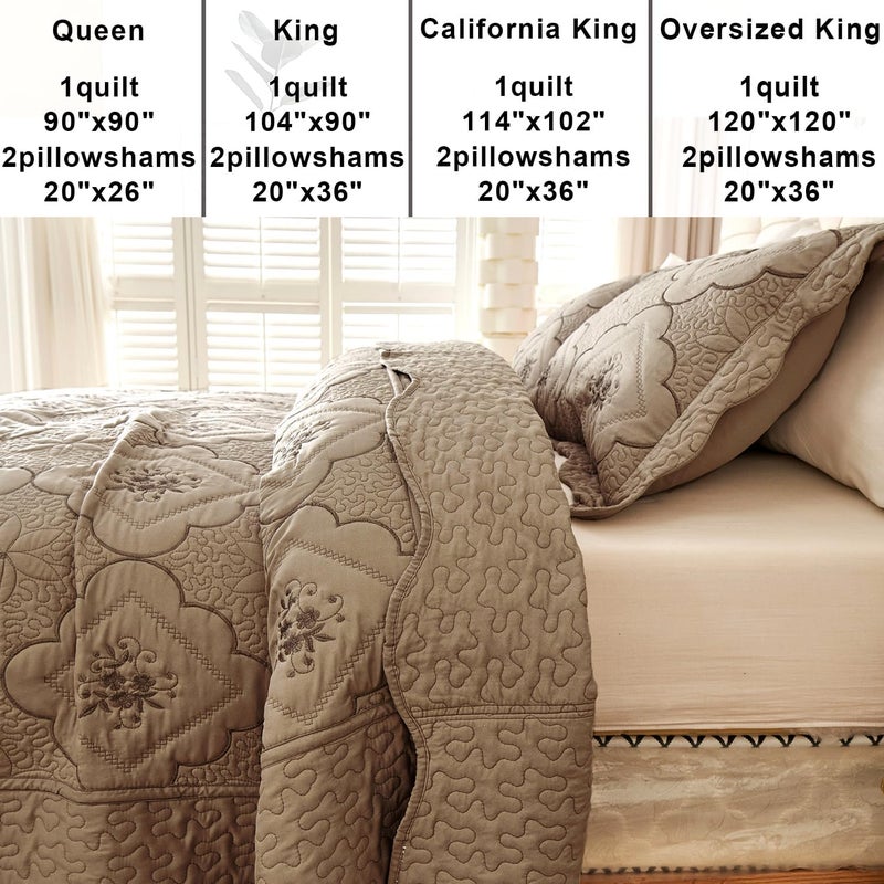 Cmfshape Oversized Floral Embroidery Quilt,3 Pieces California King Quilt Bedding Set,Classic Diamond Pattern Quilt,Ultra Soft Lightweight Reversible Bedspread Coverlet for All Season(Taupe,114"x102") - Image 5