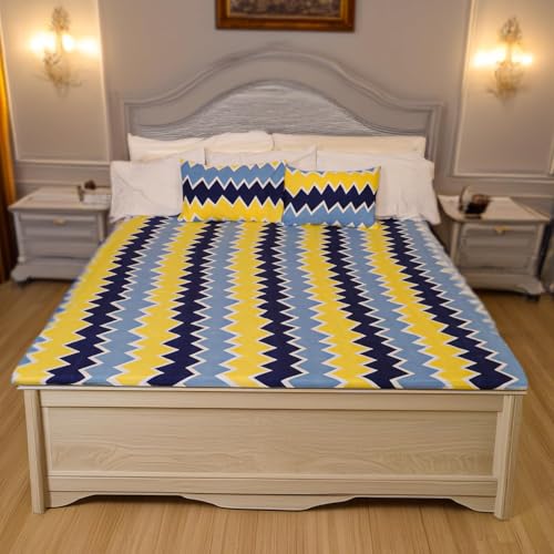 Status Contract Cotton Feel Double Fitted Bedsheet with 2 Pillow Covers for Bed Room, Home, Hotel-120 GSM (Yellow Stripes) - Image 1