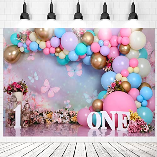 Mivor First Birthday Backdrop for Girl - Baby Girl 1st Birthday Cake Smash Decorations Photo Backdrop for 1 Year Old Baby Shower Photo Shoot Props,Vinyl,7x5ft - Image 1