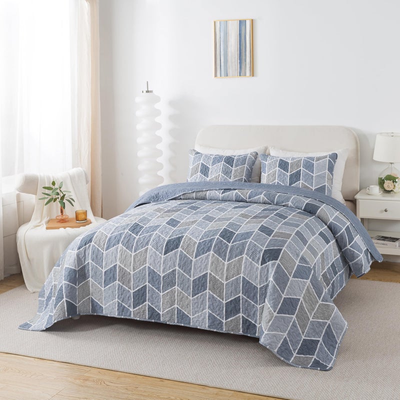 SLPR Blue and Gray Chevron Heather Quilt Set - King Size with 2 Shams, Elegant Lightweight Quilted Coverlet, Soft Bedding for All Seasons, Modern Farmhouse & Coastal Bedroom Decor - Image 3