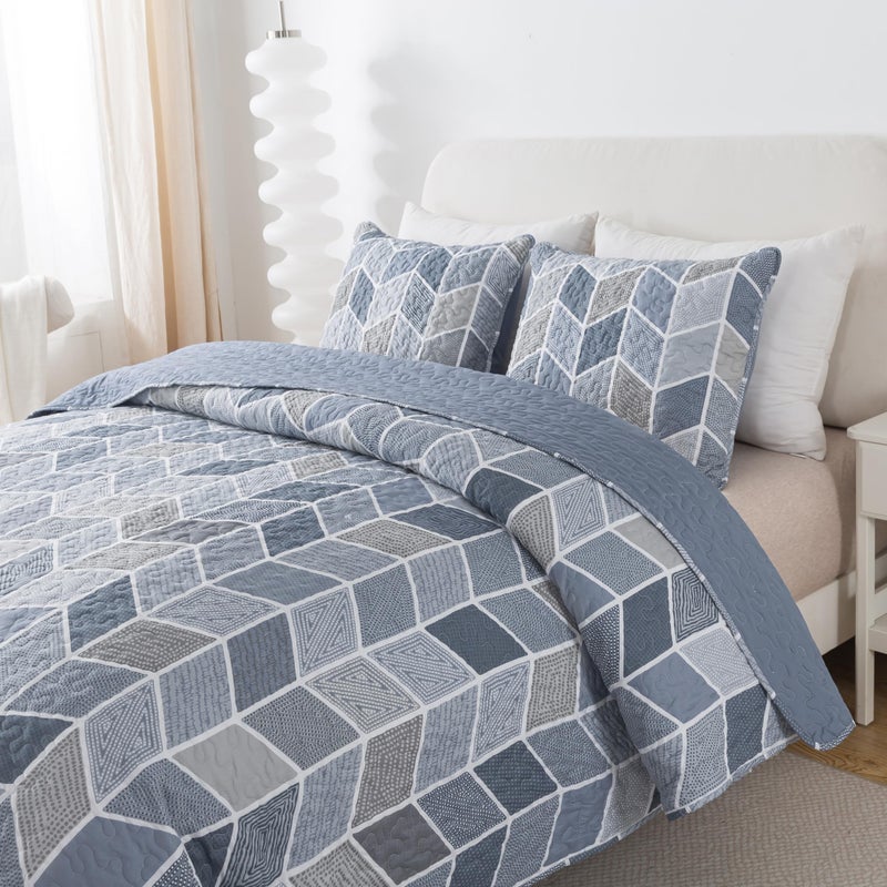 SLPR Blue and Gray Chevron Heather Quilt Set - King Size with 2 Shams, Elegant Lightweight Quilted Coverlet, Soft Bedding for All Seasons, Modern Farmhouse & Coastal Bedroom Decor - Image 4