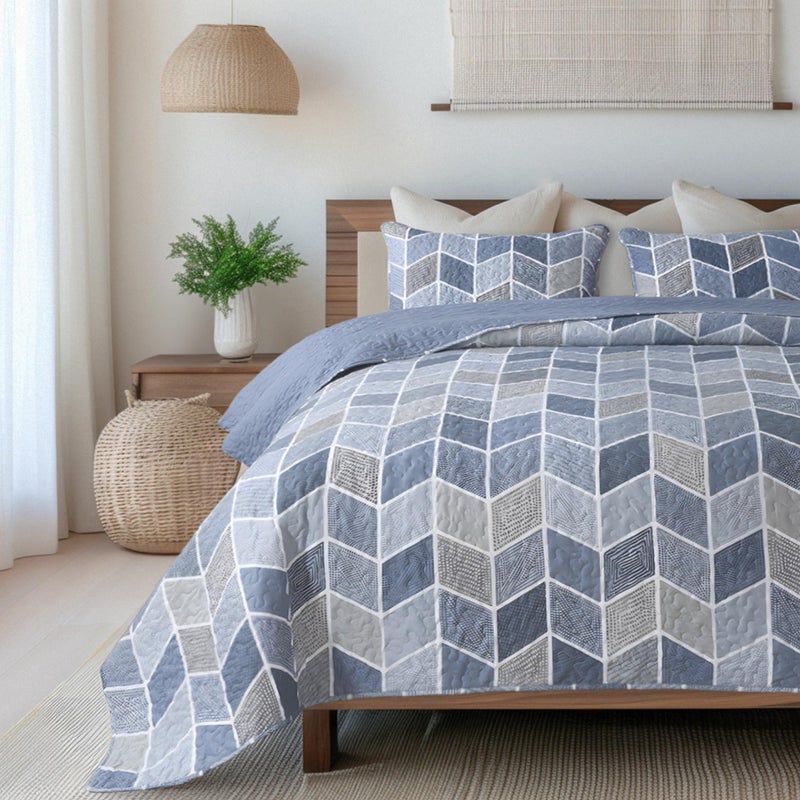 SLPR Blue and Gray Chevron Heather Quilt Set - King Size with 2 Shams, Elegant Lightweight Quilted Coverlet, Soft Bedding for All Seasons, Modern Farmhouse & Coastal Bedroom Decor - Image 1