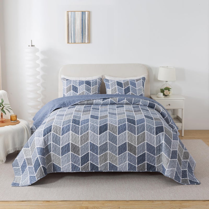 SLPR Blue and Gray Chevron Heather Quilt Set - King Size with 2 Shams, Elegant Lightweight Quilted Coverlet, Soft Bedding for All Seasons, Modern Farmhouse & Coastal Bedroom Decor - Image 2