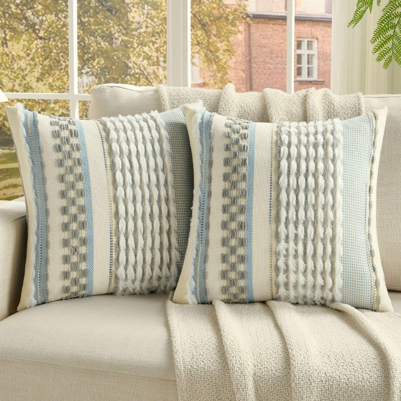 FUTEI Grey Accent Throw Pillow Covers Set of 2, 18x18 Inch Plush Tufted Striped Textured Decorative Cushion Cases for Farmhouse Boho Couch Decor - Image 1