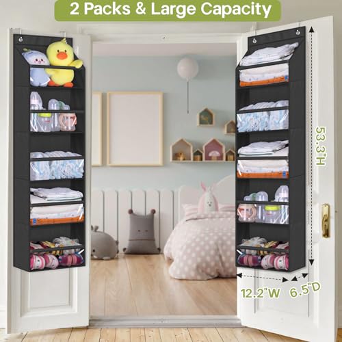 AOODA 2 Pack Over the Door Organizer, Large Capacity Closet Door Hanging Organizer, Clear Deep Pockets Baby Storage for Nursery, Bathroom, Bedroom, Pantry, Diapers (Black) - Image 2