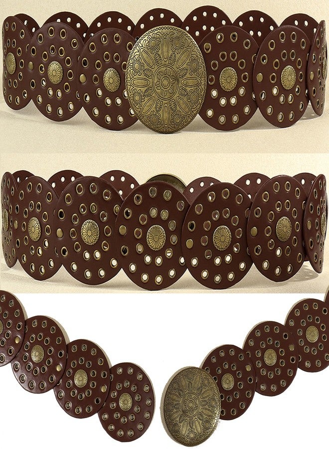 IZUS Women Retro-Concho Western-Belt Metal-Buckle Cowgirl-Belt Turquoise Decor Wide-Disc Waist Strap for Dresses - Image 5