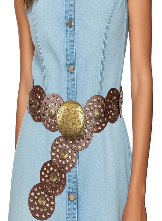 IZUS Women Retro-Concho Western-Belt Metal-Buckle Cowgirl-Belt Turquoise Decor Wide-Disc Waist Strap for Dresses - Image 1