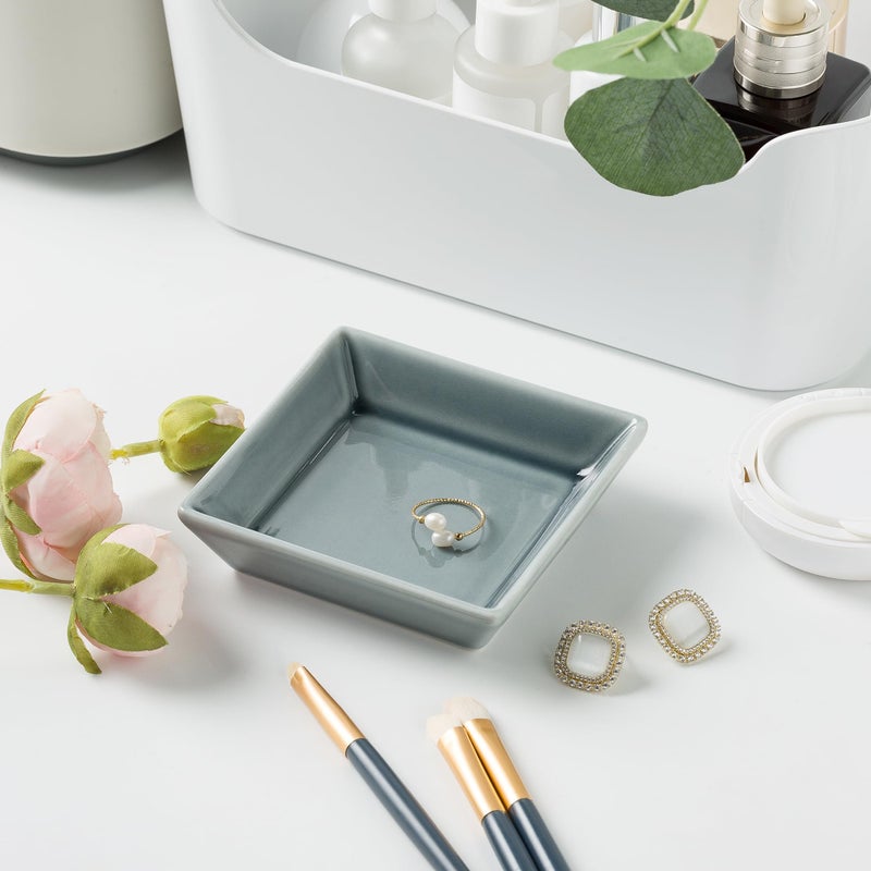 Mecaikru Ceramic Trinket Dish, Ring Tray, Decorative Jewelry Dish for Earrings Necklaces Watch Keys for Women (blue square) - Image 3