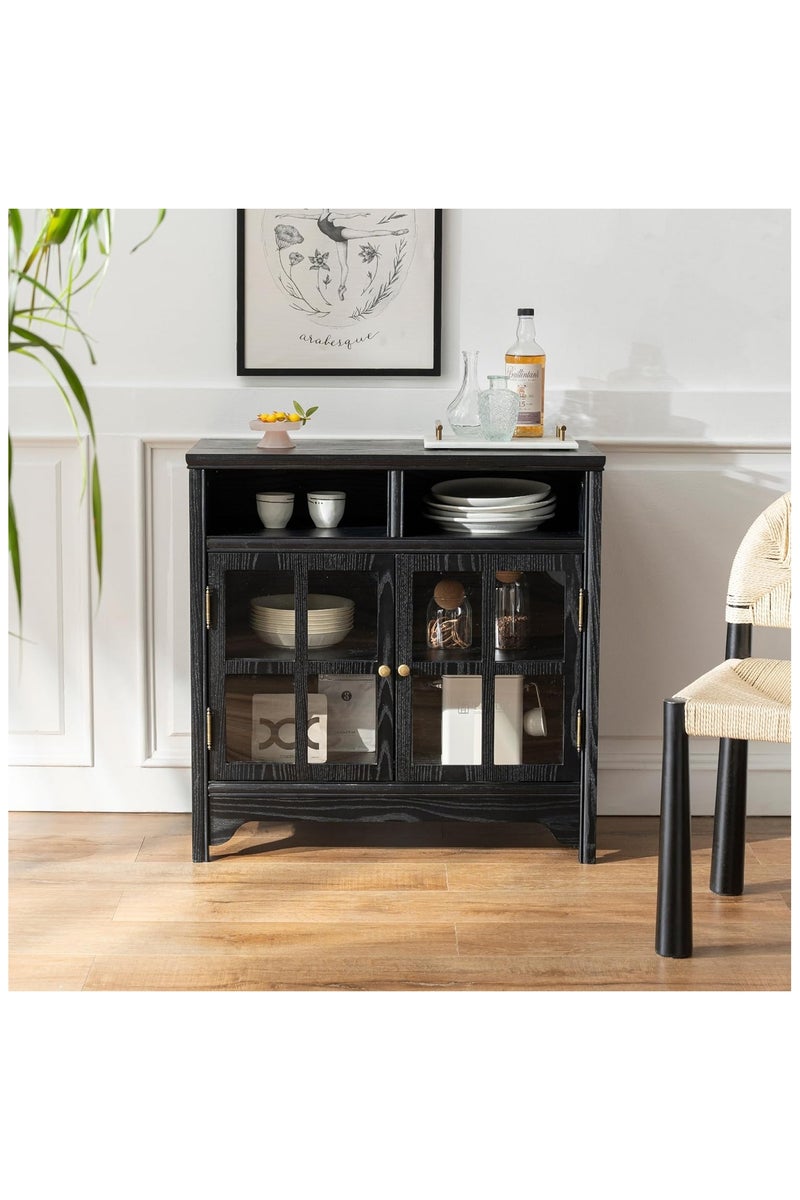 شوغوري خزانة بوفيه من الخشب الصلب مقاس 31.5 بوصة مع مساحة تخزين، خزانة جانبية على طراز المزرعة ببابين، خزانة بار قهوة لغرفة الطعام أو المطبخ أو غرفة المعيشة، لون أسود - Image 1