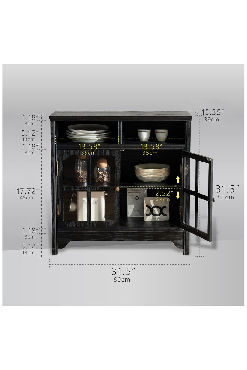 شوغوري خزانة بوفيه من الخشب الصلب مقاس 31.5 بوصة مع مساحة تخزين، خزانة جانبية على طراز المزرعة ببابين، خزانة بار قهوة لغرفة الطعام أو المطبخ أو غرفة المعيشة، لون أسود - Image 2