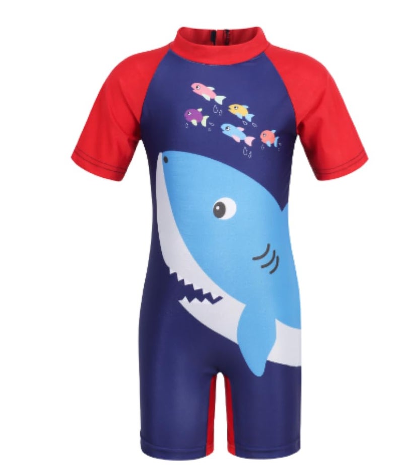 SYGA Children's Swimsuit Short Sleeve Big Red Shark-XL Size Perfect for Kids Age 7-8 Years Old (Red) - Image 1