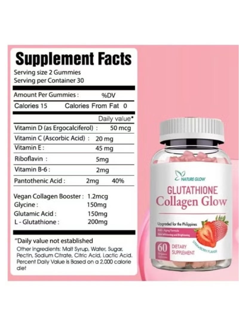 NATURE GLOW Glutathione Collagen Gummies for Skin Glow - Nature Glow 60 Vegan Strawberry Gummies - Skin Radiance, Vitamin C, Anti-Aging, Brightening Formula - Image 5