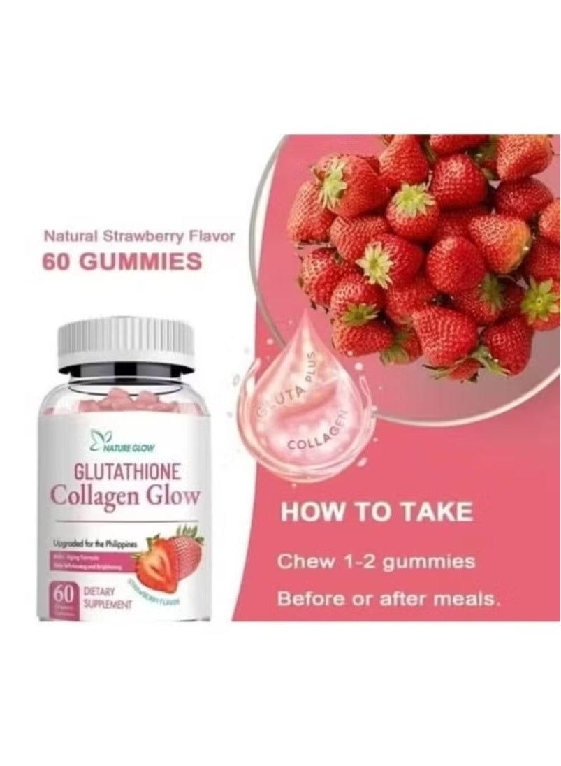 NATURE GLOW Glutathione Collagen Gummies for Skin Glow - Nature Glow 60 Vegan Strawberry Gummies - Skin Radiance, Vitamin C, Anti-Aging, Brightening Formula | Best Price Kuwait