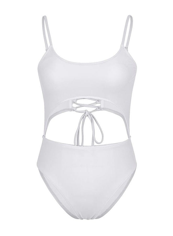 Meyeeka Women's Scoop Neck High Cut Out Front Lace Up Back Monokini One Piece Swimsuit (White, S) - Image 4