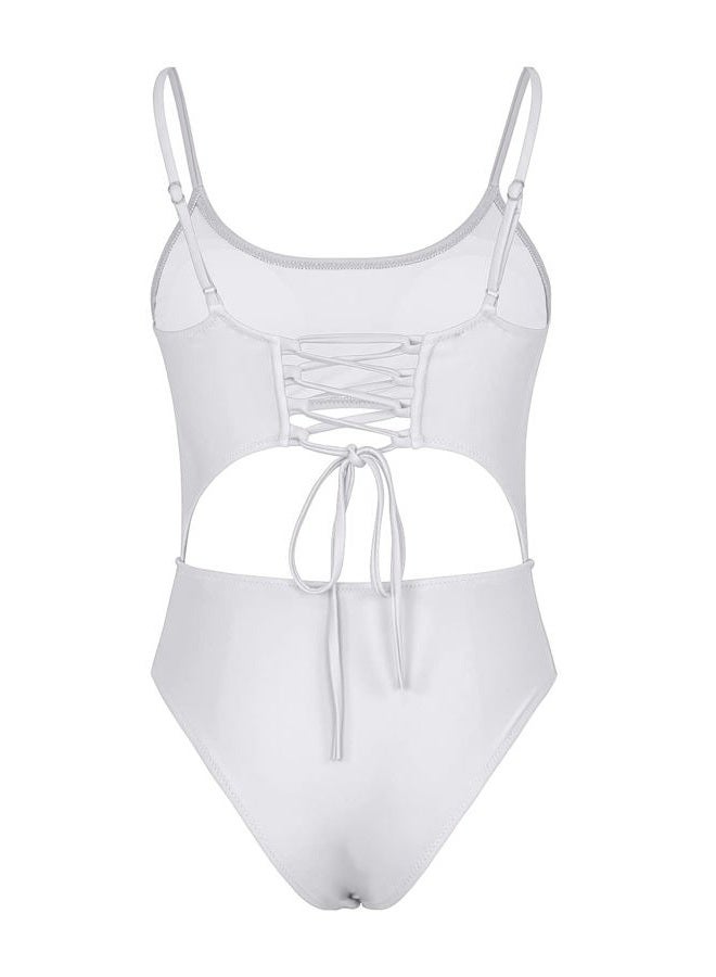 Meyeeka Women's Scoop Neck High Cut Out Front Lace Up Back Monokini One Piece Swimsuit (White, S) - Image 5