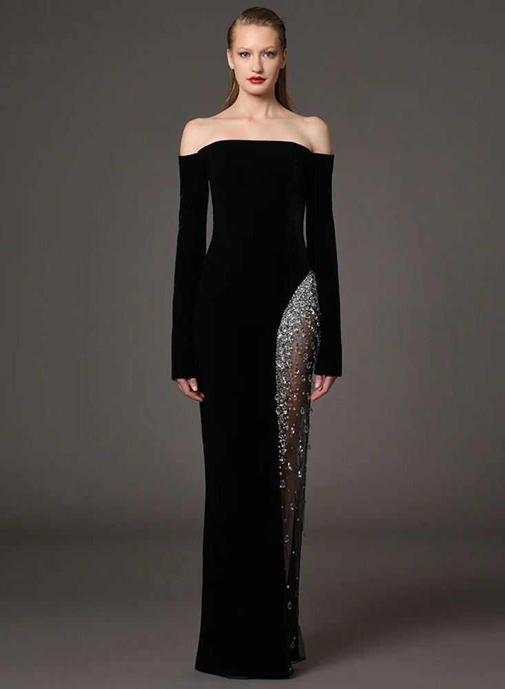 NIBEMINENT long One-shoulder Dress For Fashionable Ladies Features An Elegant Diamond-encrusted Mesh Design  - Image 1