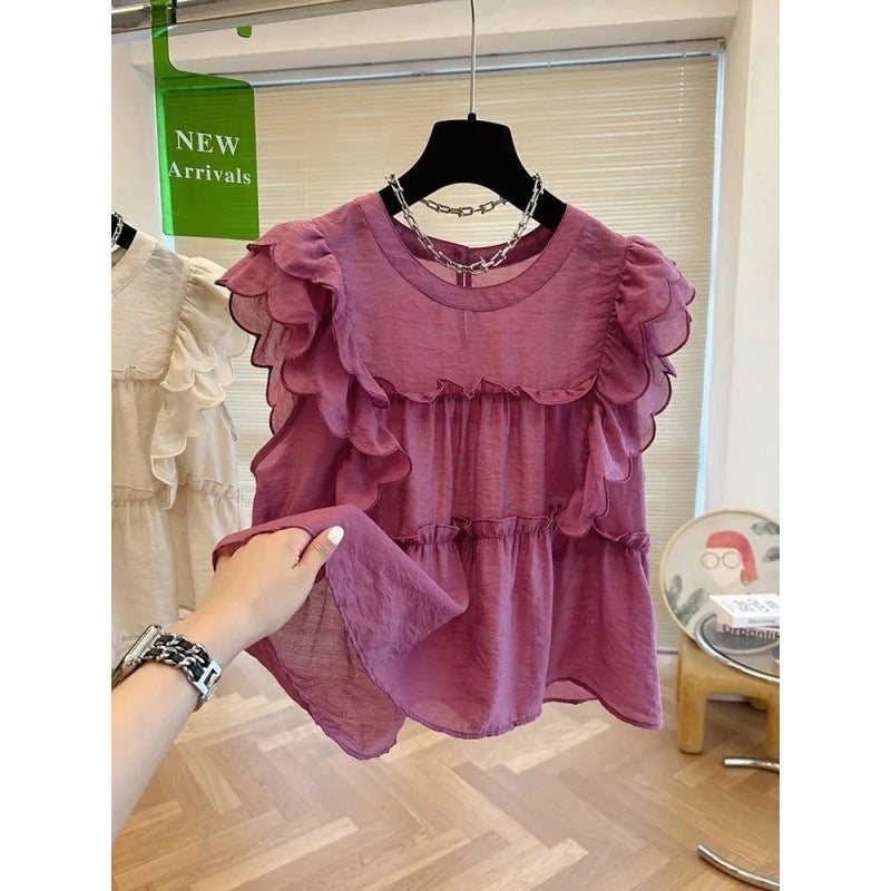 French Ruffled Flying Sleeve Round Neck Shirt For Women Summer Sweet Baby Doll Shirt Loose Niche Chic Sleeveless Top - Image 5