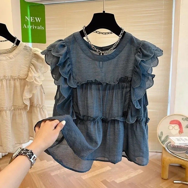 French Ruffled Flying Sleeve Round Neck Shirt For Women Summer Sweet Baby Doll Shirt Loose Niche Chic Sleeveless Top - Image 4