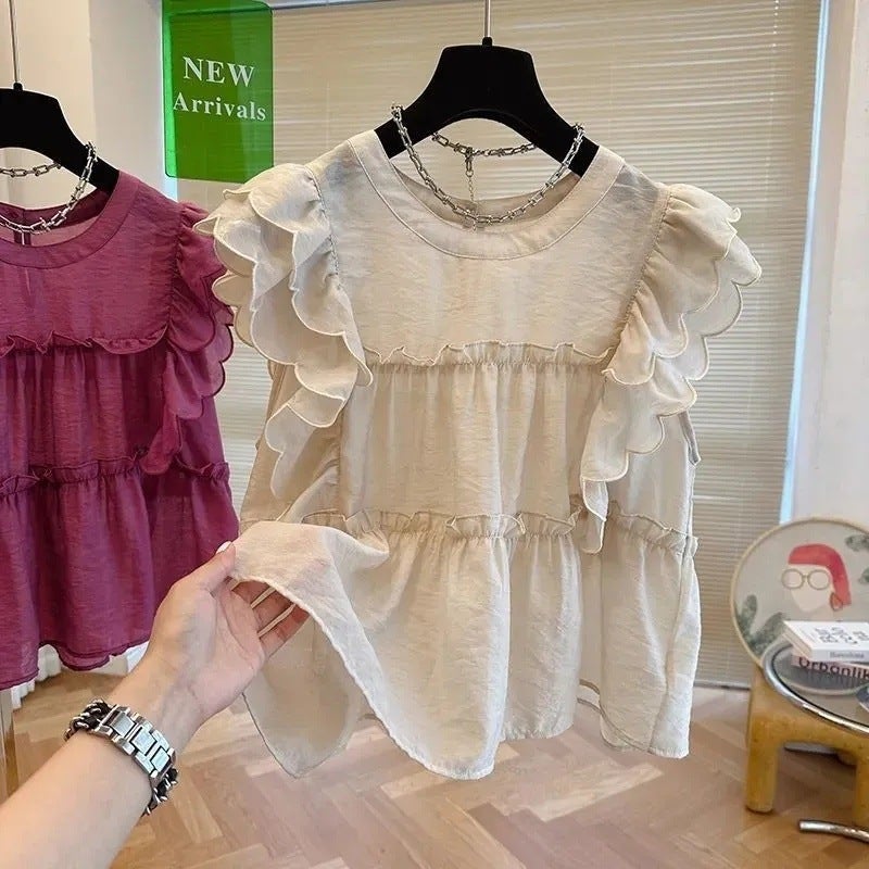 French Ruffled Flying Sleeve Round Neck Shirt For Women Summer Sweet Baby Doll Shirt Loose Niche Chic Sleeveless Top - Image 3