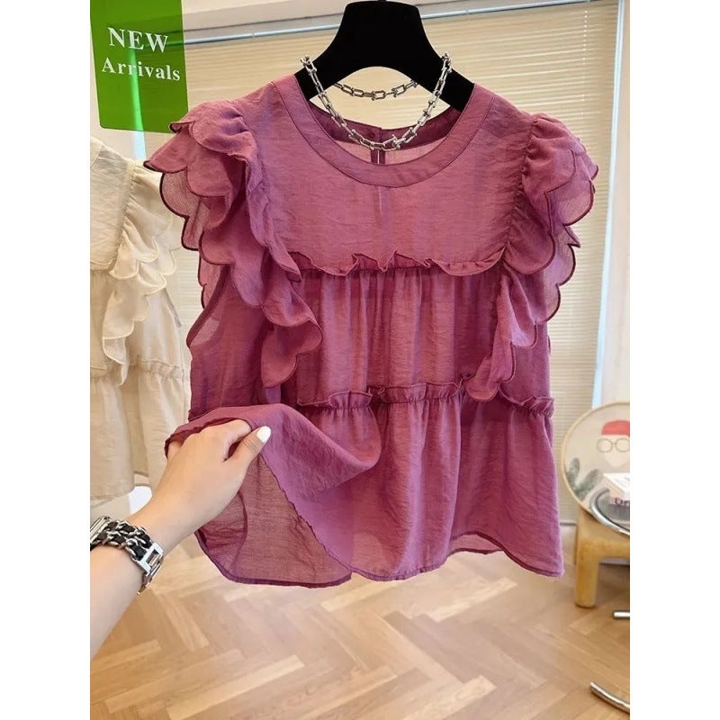 French Ruffled Flying Sleeve Round Neck Shirt For Women Summer Sweet Baby Doll Shirt Loose Niche Chic Sleeveless Top - Image 2