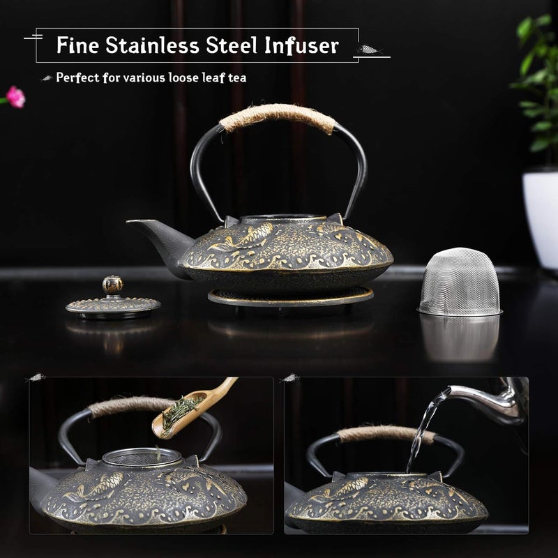 Cloyster Cloyster Tea Set 4 Pieces Tea Cups Cast Iron Teapot Tetsubin Cast Iron WarmerJapanese Tea Set Fish Cast Iron Teapot Set Stove Top Tea Kettle Stainless Steel Strainer CL03 - Image 3