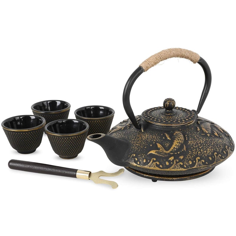 Cloyster Cloyster Tea Set 4 Pieces Tea Cups Cast Iron Teapot Tetsubin Cast Iron WarmerJapanese Tea Set Fish Cast Iron Teapot Set Stove Top Tea Kettle Stainless Steel Strainer CL03 - Image 1