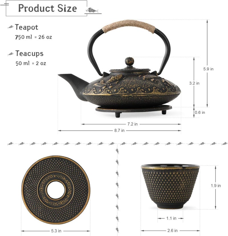 Cloyster Cloyster Tea Set 4 Pieces Tea Cups Cast Iron Teapot Tetsubin Cast Iron WarmerJapanese Tea Set Fish Cast Iron Teapot Set Stove Top Tea Kettle Stainless Steel Strainer CL03 - Image 2