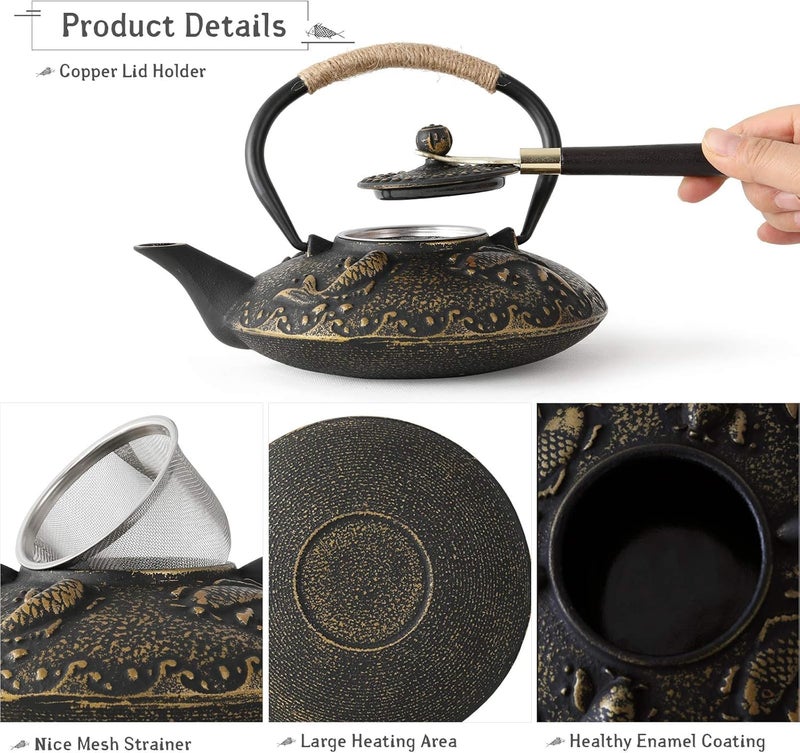 Cloyster Cloyster Tea Set 4 Pieces Tea Cups Cast Iron Teapot Tetsubin Cast Iron WarmerJapanese Tea Set Fish Cast Iron Teapot Set Stove Top Tea Kettle Stainless Steel Strainer CL03 - Image 5