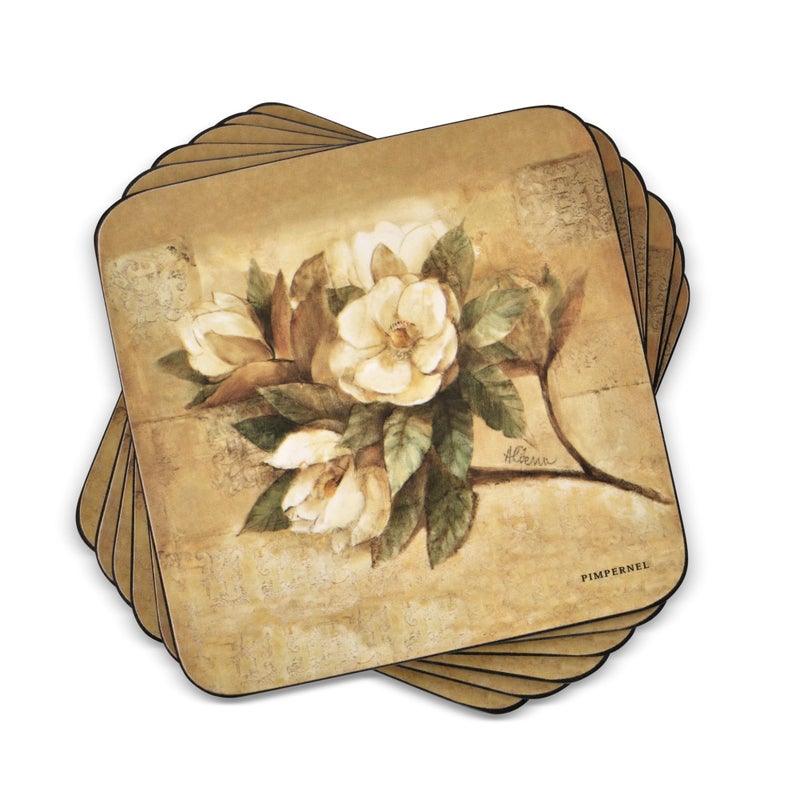 Pimpernel Sugar Magnolia Coasters Set â€“ 4" Cork-Backed Board with Lacquered Finish, Heat & Stain Resistant up to 212Â°F, Elegant Southern Floral Design for Dining & Coffee Tables - Image 1
