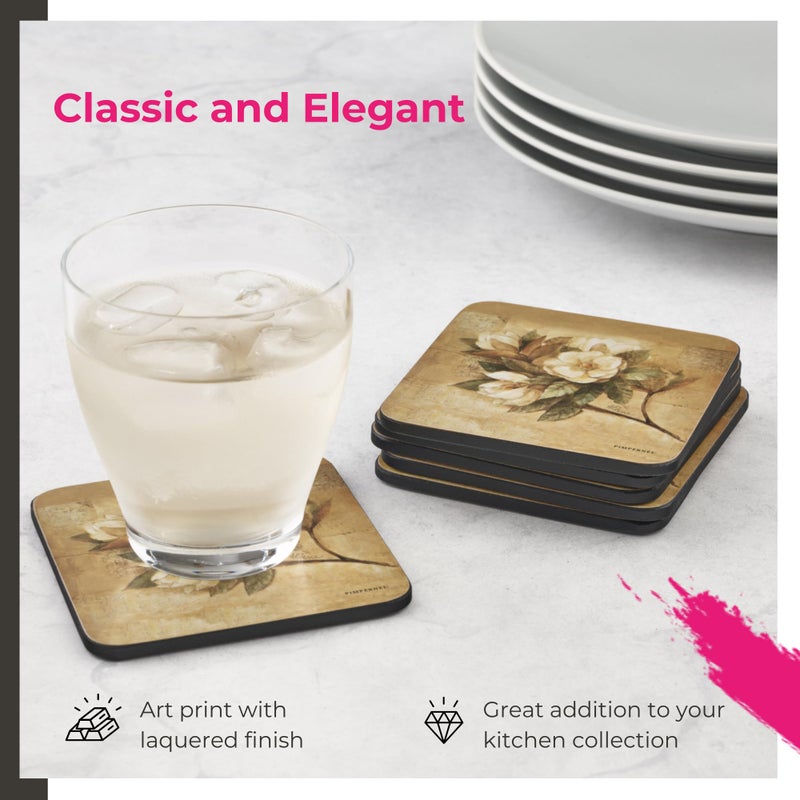 Pimpernel Sugar Magnolia Coasters Set â€“ 4" Cork-Backed Board with Lacquered Finish, Heat & Stain Resistant up to 212Â°F, Elegant Southern Floral Design for Dining & Coffee Tables - Image 3
