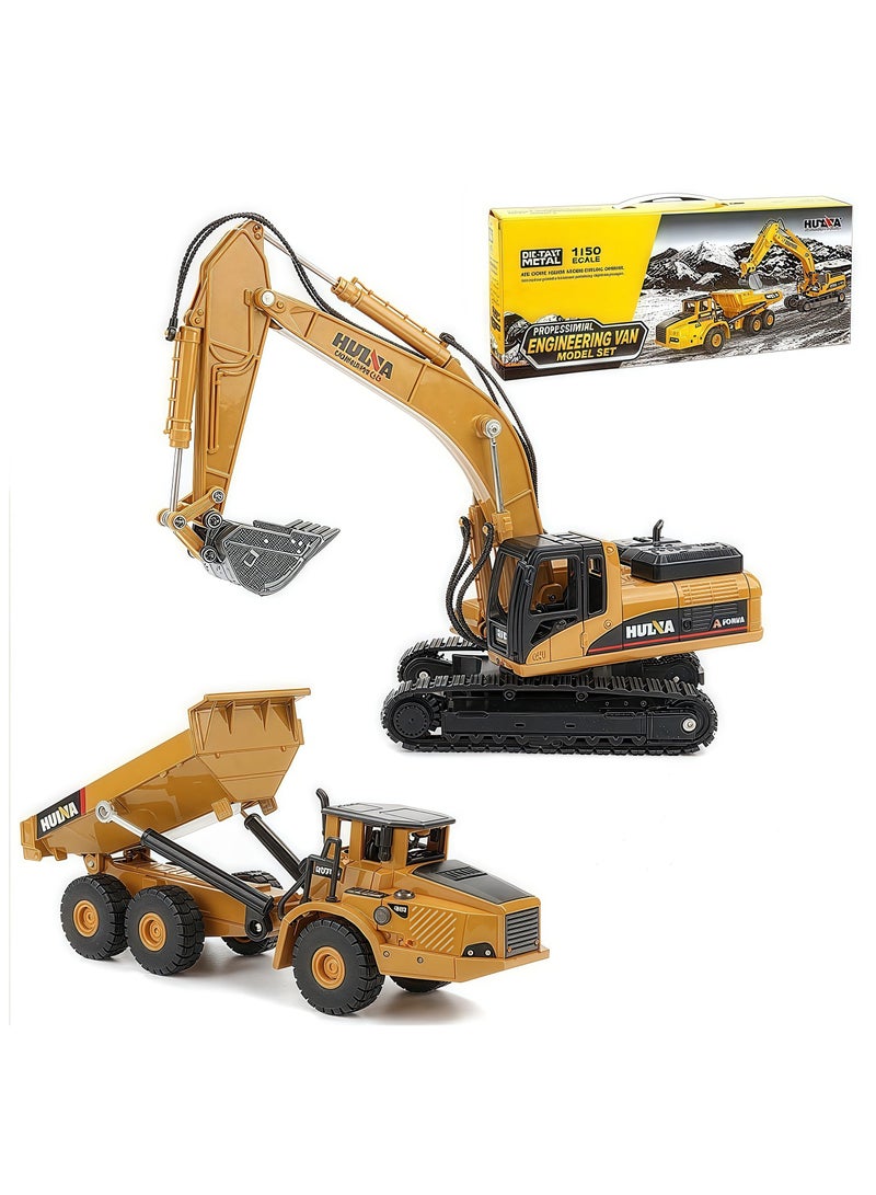 XiuWoo 2Pcs Construction Vehicle Toys Dump Truck and Excavator Set Heavy Metal 1/50 Scale Digger and Dumper Diecast Engineering Vehicle Toys for Kids and Decoration House  - Image 5
