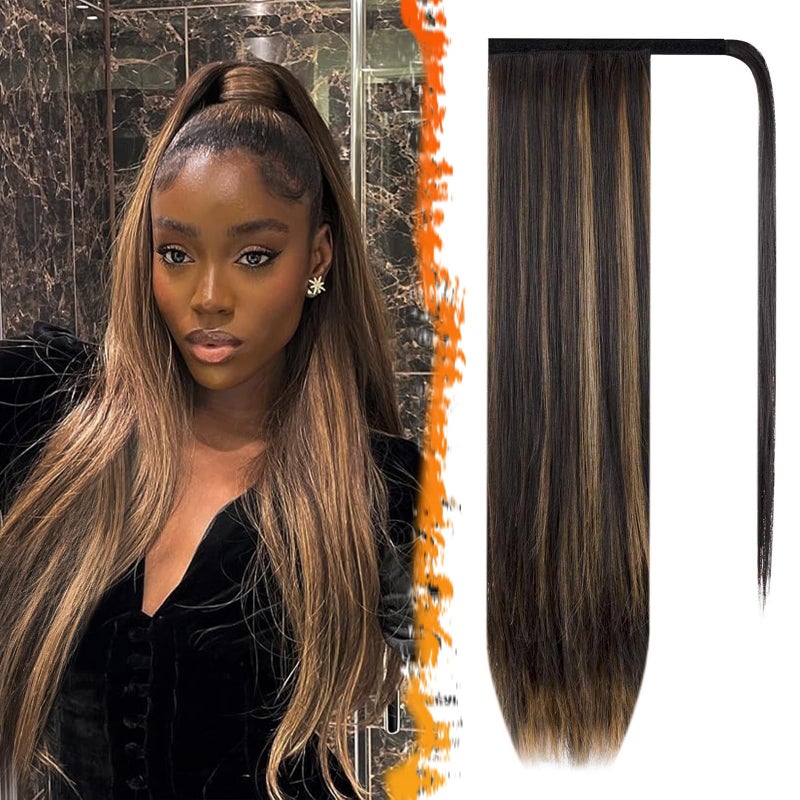 BARSDAR Dark Brown Highlight Straight Ponytail Extension  26 Inch Long Straight Wrap Around Ponytail for Black Women Synthetic Clip in Pony Tails Hair Extensions Hairpieces Daily