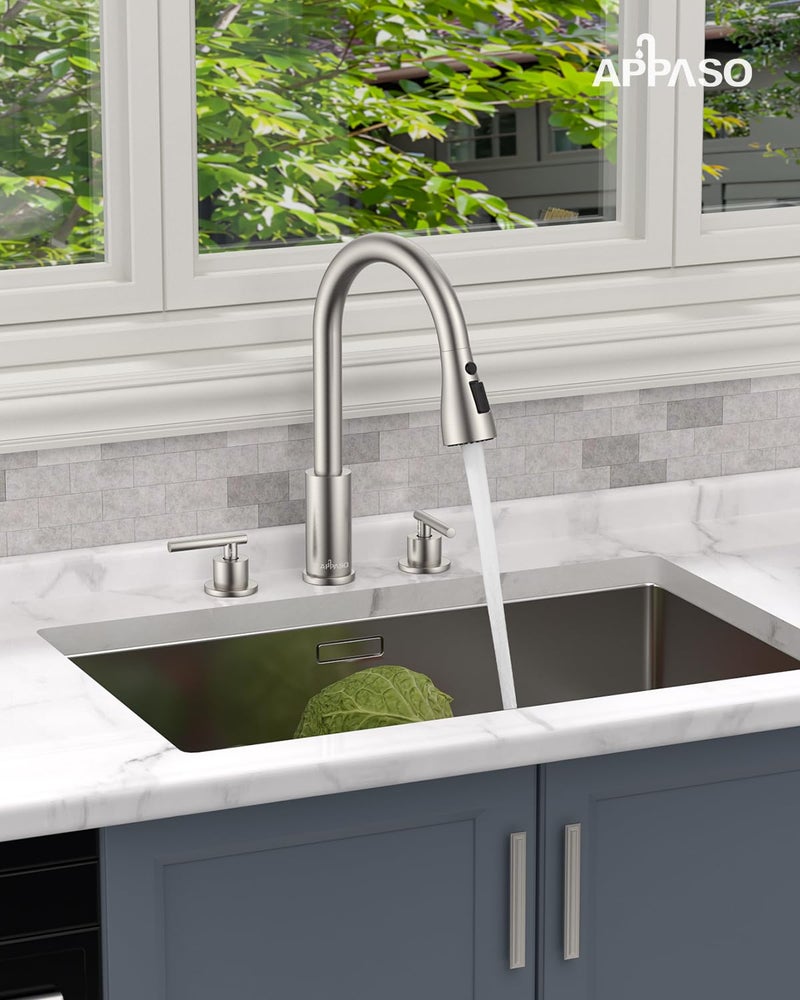 APPASO 2 Handle Kitchen Faucet  Brushed Nickel 3 Hole Kitchen Sink Faucet Modern High Arc 3 Modes Stainless Steel Faucet for Kitchen Sink - Image 2