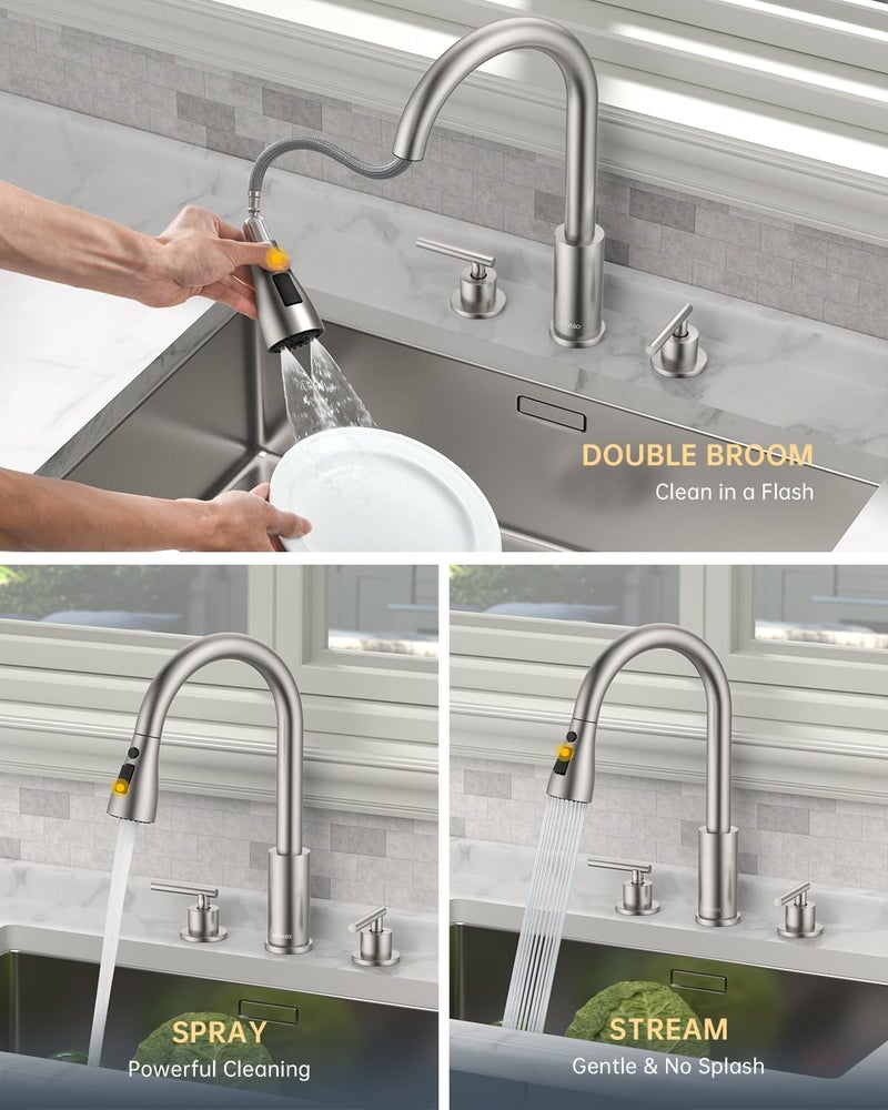 APPASO 2 Handle Kitchen Faucet  Brushed Nickel 3 Hole Kitchen Sink Faucet Modern High Arc 3 Modes Stainless Steel Faucet for Kitchen Sink - Image 3